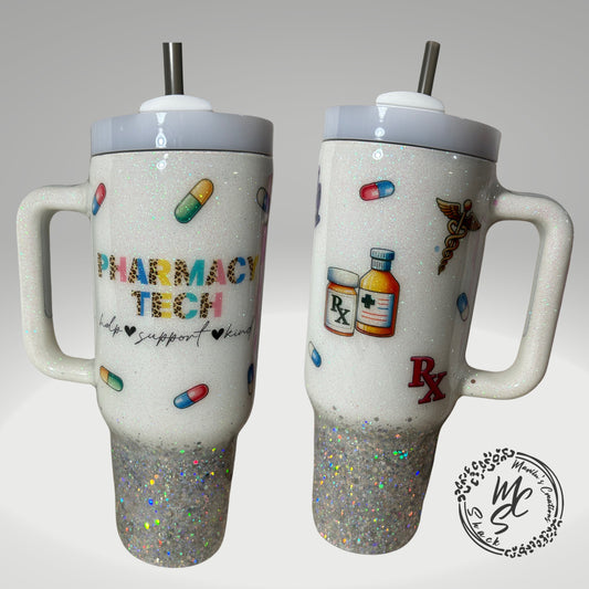 Pharmacy Tech tumbler on a white and silver glitter background , pharmacist cup, white and silver tumbler personalizeable.