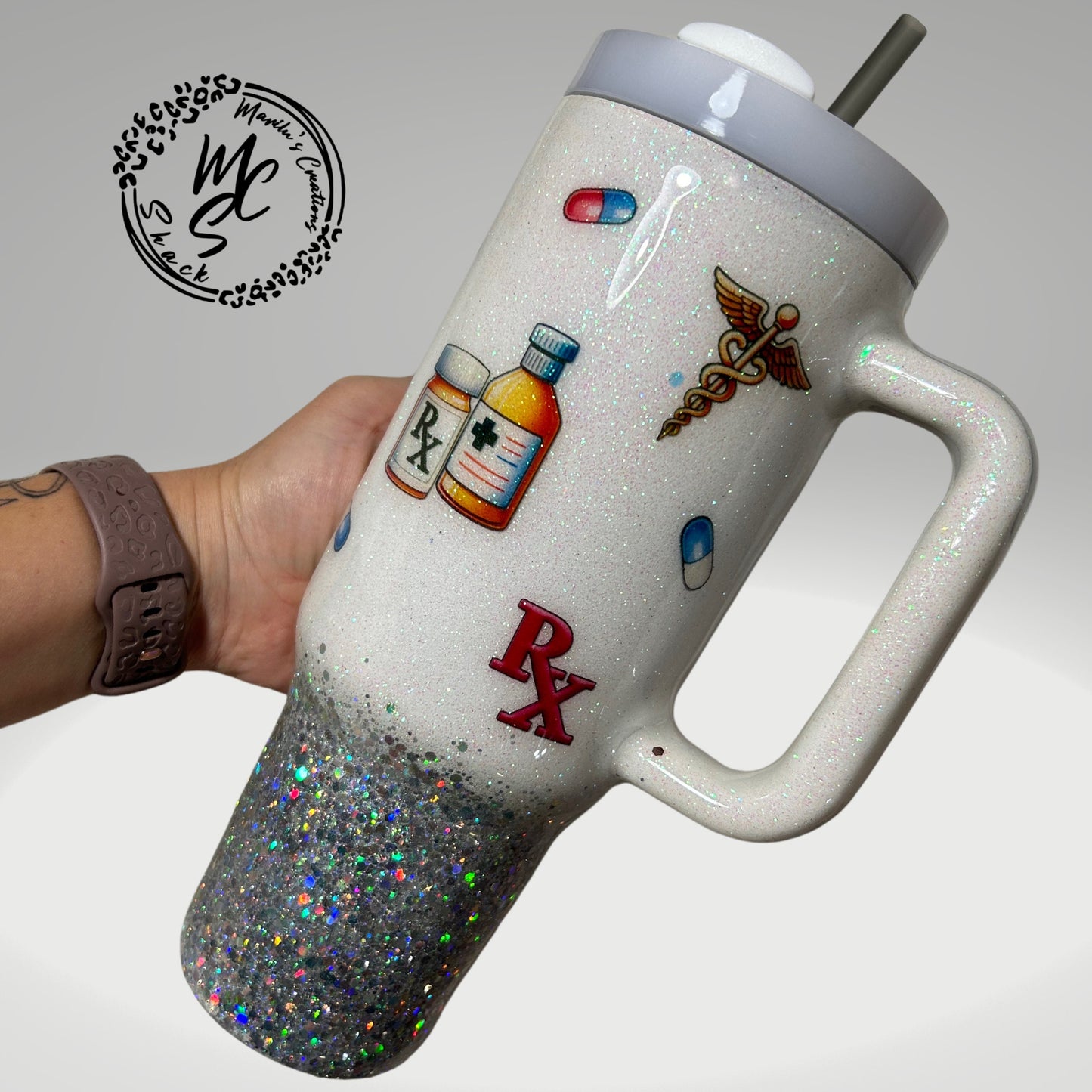 Pharmacy Tech tumbler on a white and silver glitter background , pharmacist cup, white and silver tumbler personalizeable.