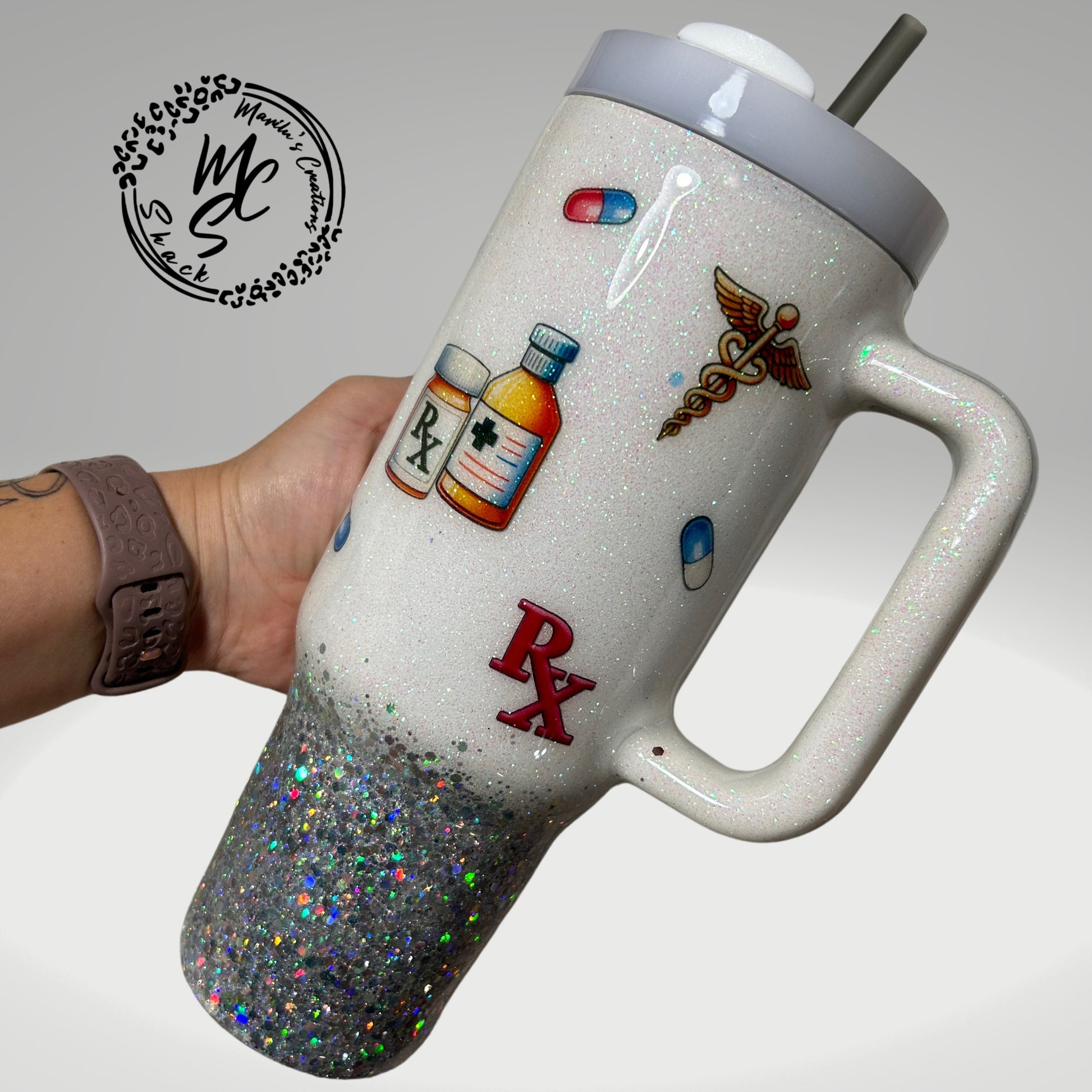 Pharmacy Tech tumbler on a white and silver glitter background , pharmacist cup, white and silver tumbler personalizeable.