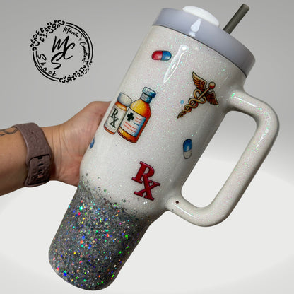 Pharmacy Tech tumbler on a white and silver glitter background , pharmacist cup, white and silver tumbler personalizeable.