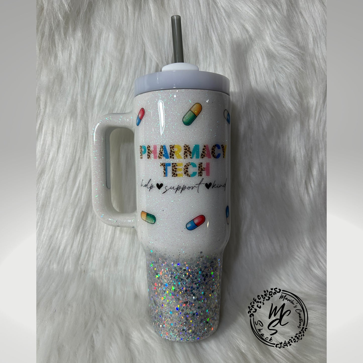 Pharmacy Tech tumbler on a white and silver glitter background , pharmacist cup, white and silver tumbler personalizeable.