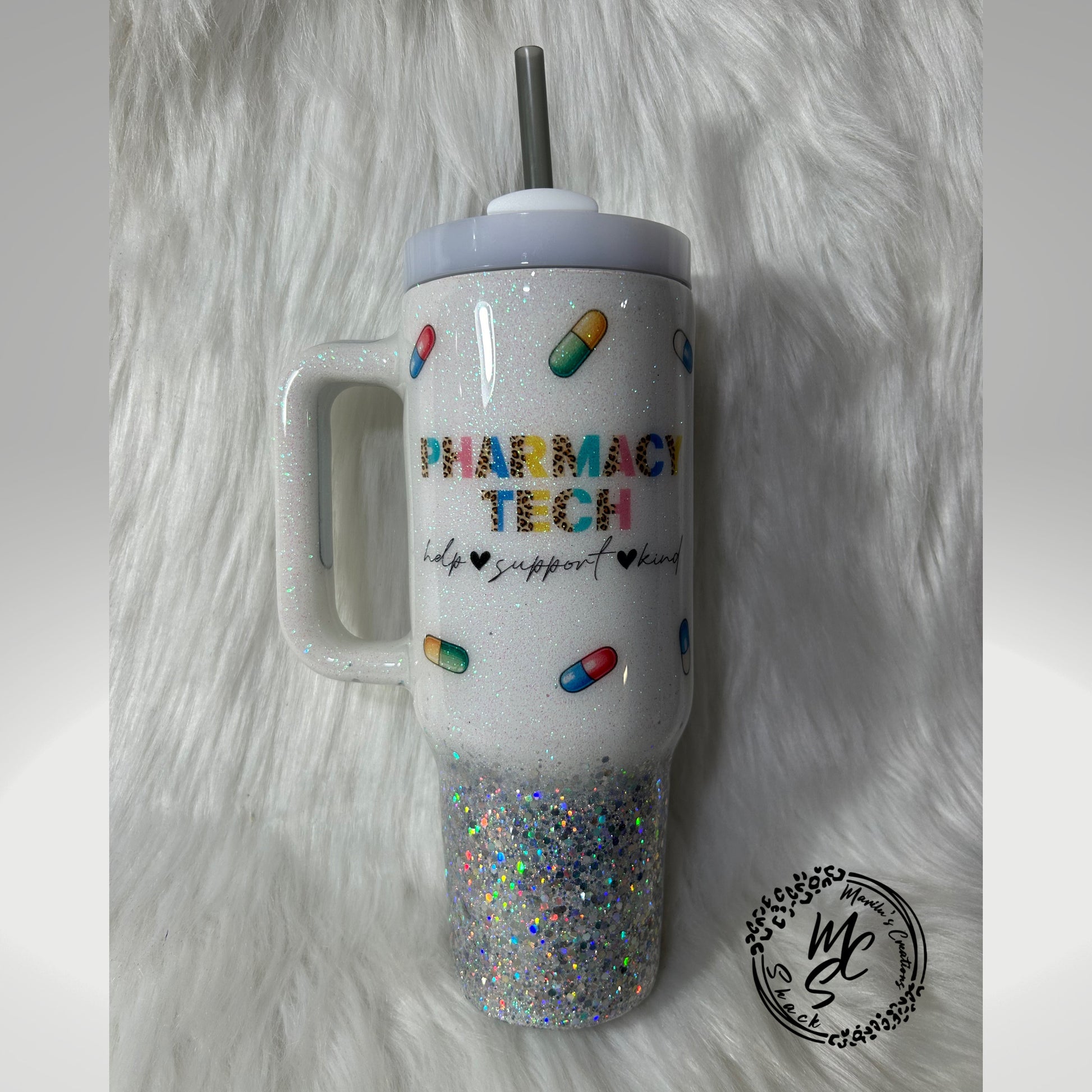 Pharmacy Tech tumbler on a white and silver glitter background , pharmacist cup, white and silver tumbler personalizeable.