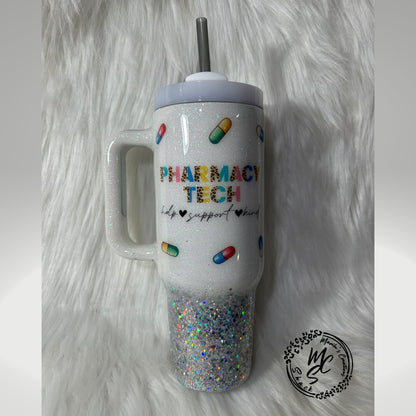 Pharmacy Tech tumbler on a white and silver glitter background , pharmacist cup, white and silver tumbler personalizeable.