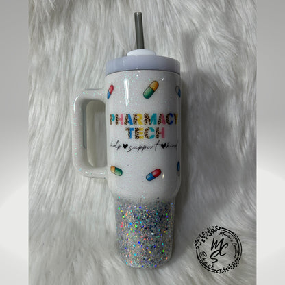 Pharmacy Tech tumbler on a white and silver glitter background , pharmacist cup, white and silver tumbler personalizeable.