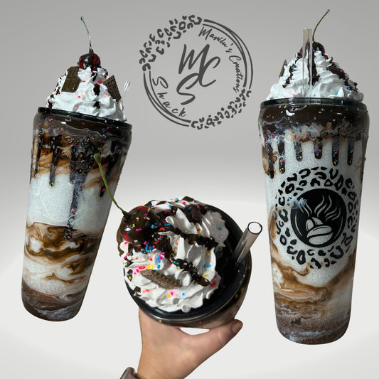Chocolate Mocha tumbler, custom 3d tumbler with realistic whipped cream removable topper and chocolate drizzle 3d dripping glitter cup.