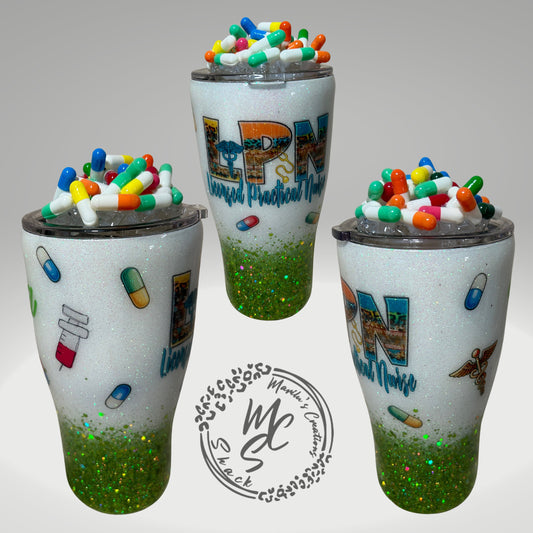 LPN tumbler with 3D fake pills removable topper, white and green glitter Licensed Practical Nurse Cup. Bottom glitter color can be changed.