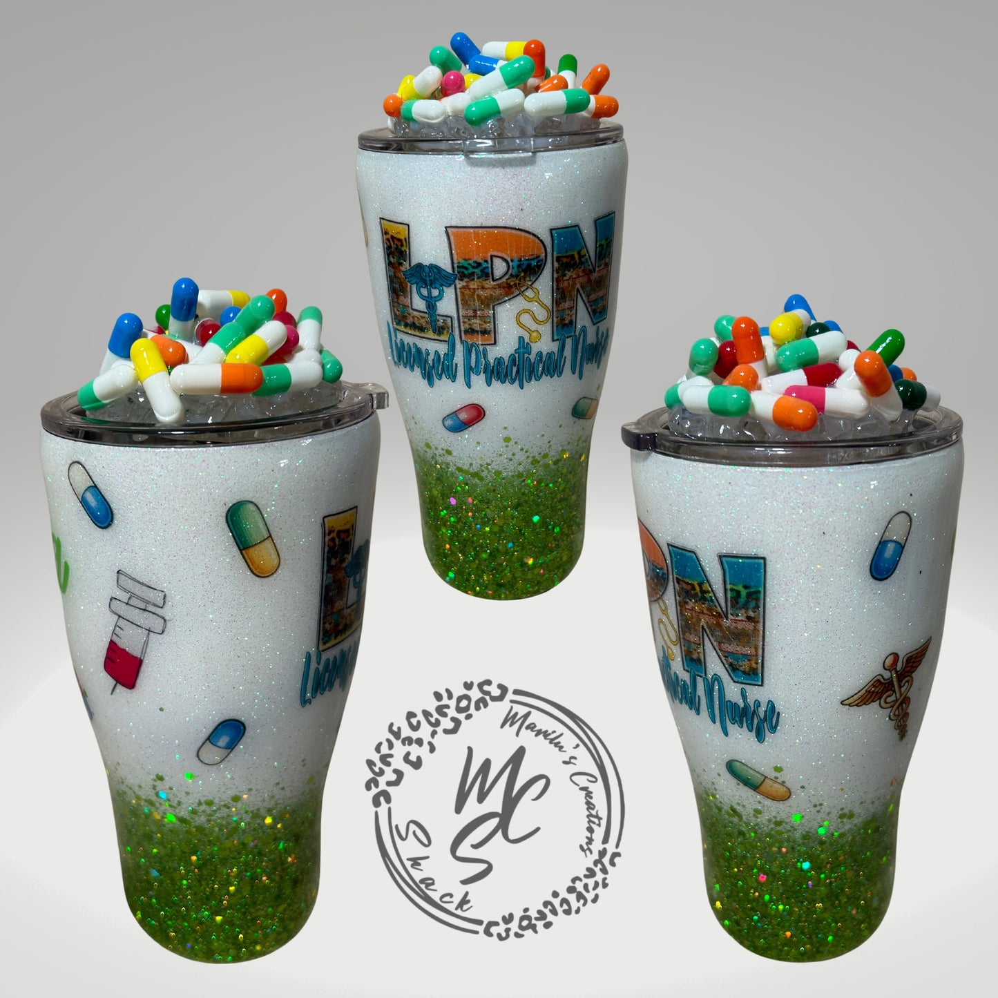 LPN Tumbler with 3D Pills Topper: Glitter Nurse Cup