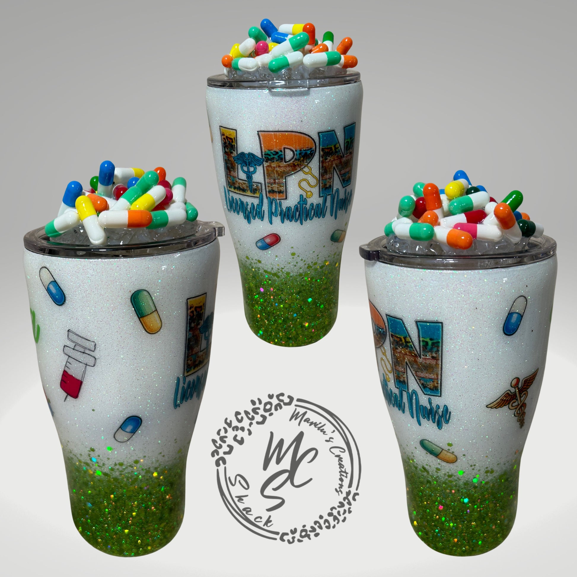 LPN Tumbler with 3D Pills Topper: Glitter Nurse Cup