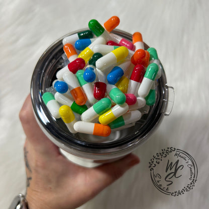 LPN tumbler with 3D fake pills removable topper, white and green glitter Licensed Practical Nurse Cup. Bottom glitter color can be changed.