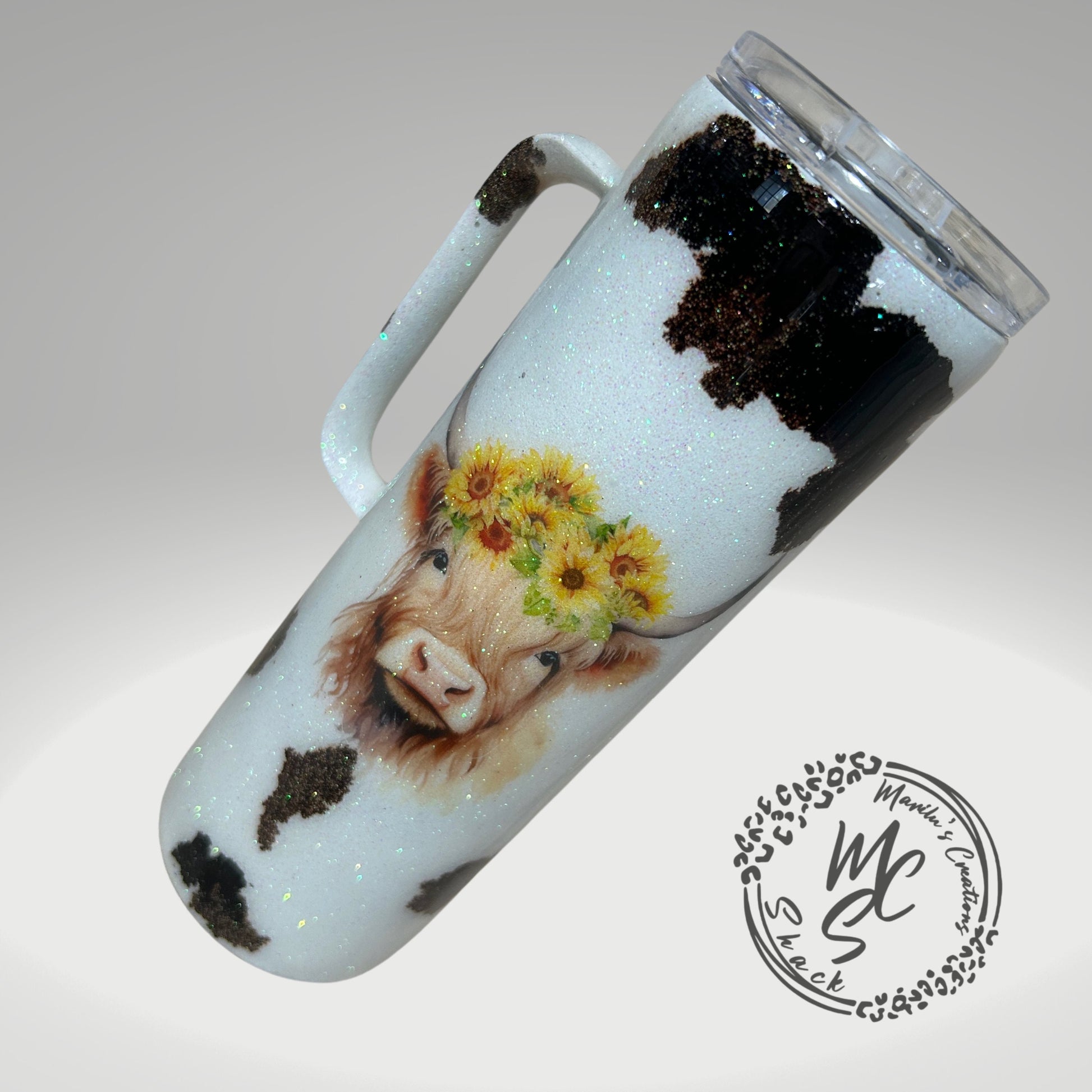 Highland cattle cow print glitter tumbler, animal print cup, cow lovers tumbler personalizeable (option to add a name)