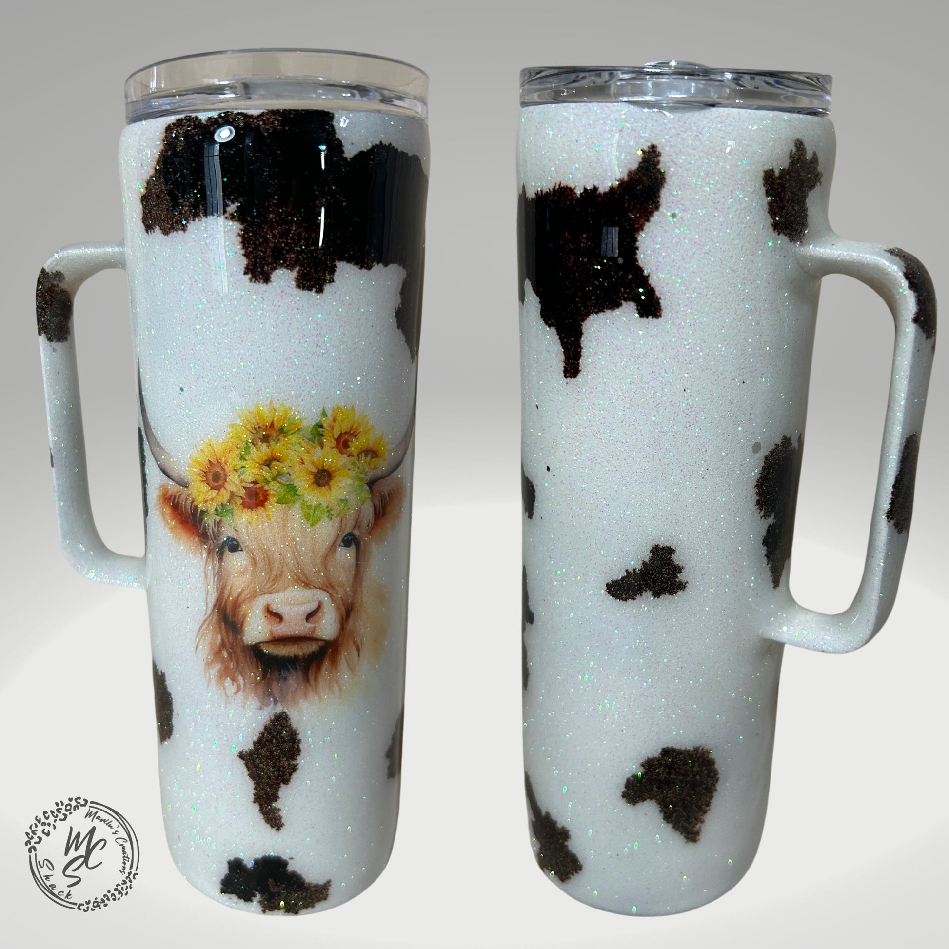 Highland cattle cow print glitter tumbler, animal print cup, cow lovers tumbler personalizeable (option to add a name)