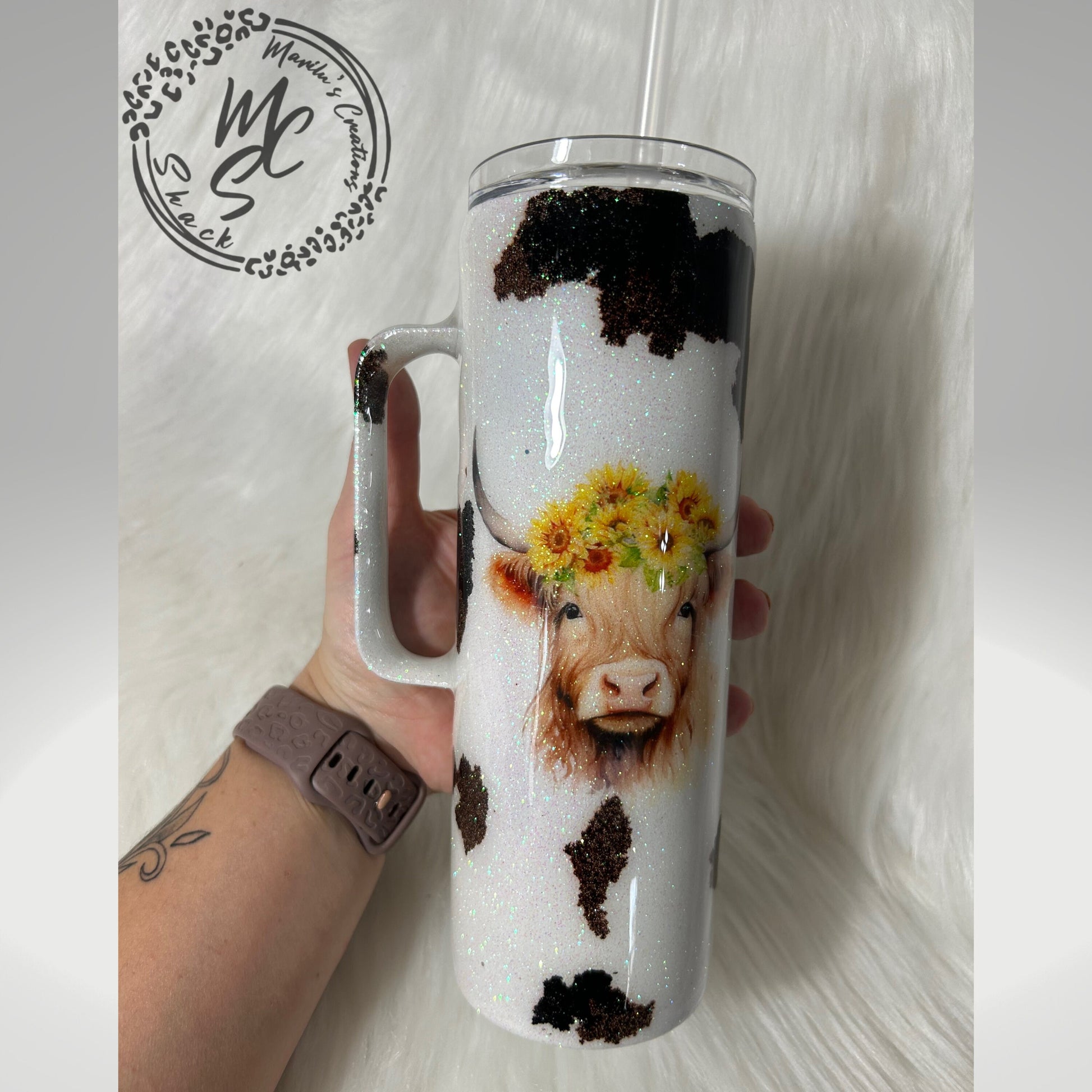 Highland cattle cow print glitter tumbler, animal print cup, cow lovers tumbler personalizeable (option to add a name)