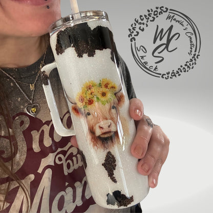 Highland cattle cow print glitter tumbler, animal print cup, cow lovers tumbler personalizeable (option to add a name)