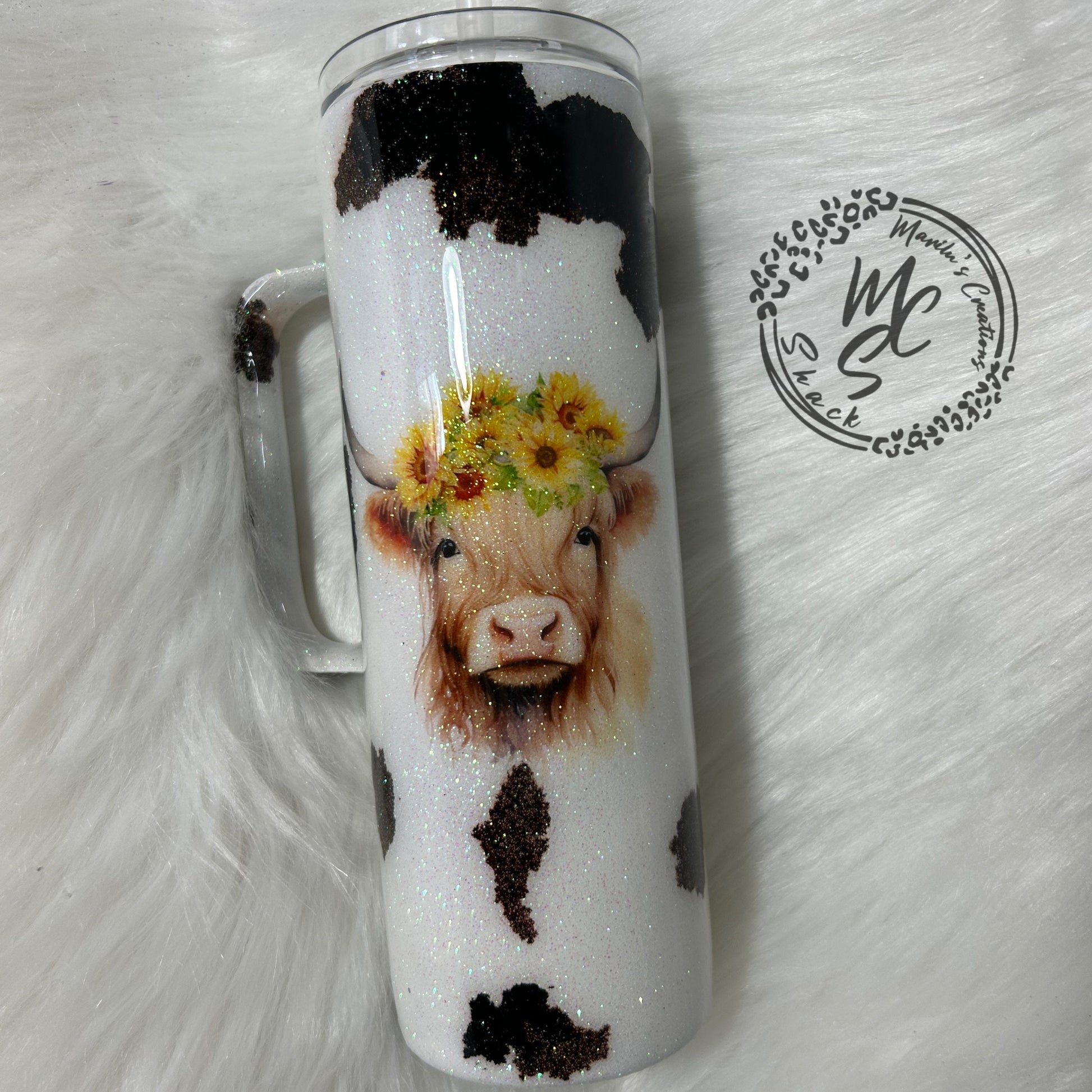Highland cattle cow print glitter tumbler, animal print cup, cow lovers tumbler personalizeable (option to add a name)