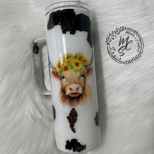Highland cattle cow print glitter tumbler, animal print cup, cow lovers tumbler personalizeable (option to add a name)