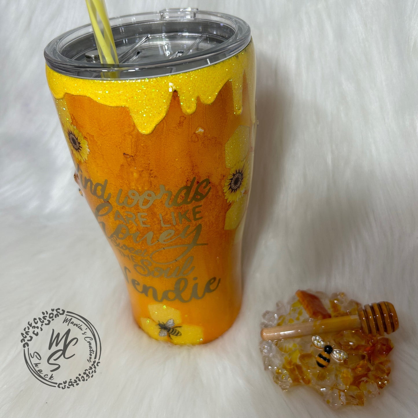 Bee Tumbler, honey bee and sunflowers 3D Tumbler with removable 3d Topper, 3d bees and honey dripping peekaboo yellow glitter tumbler.