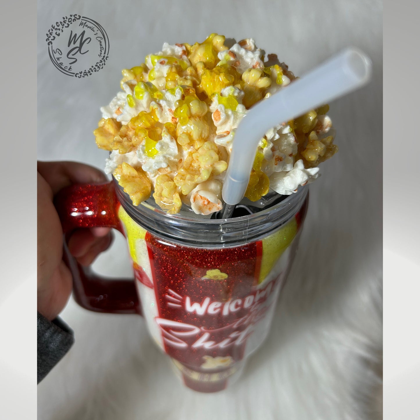 Popcorn Tumbler with 3D removable topper with realistic kernels and 3d butter dripping, welcome to the sh*t show cup, red and white glitter