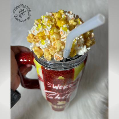 Popcorn Tumbler with 3D removable topper with realistic kernels and 3d butter dripping, welcome to the sh*t show cup, red and white glitter