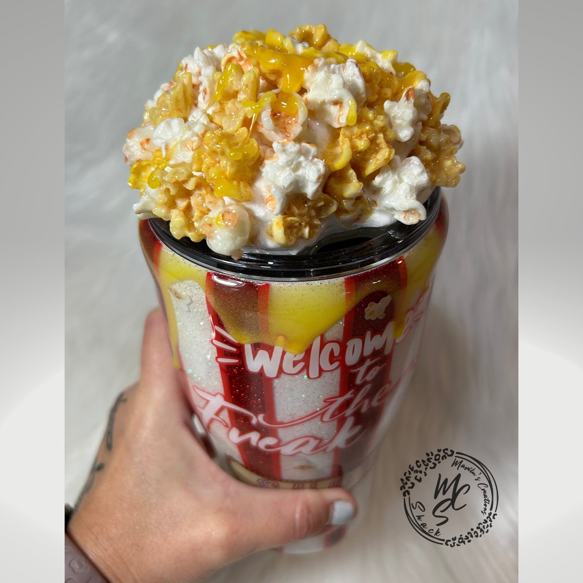 Popcorn Tumbler with 3D removable topper with realistic kernels and 3d butter dripping, welcome to the freak show cup, red and white glitter