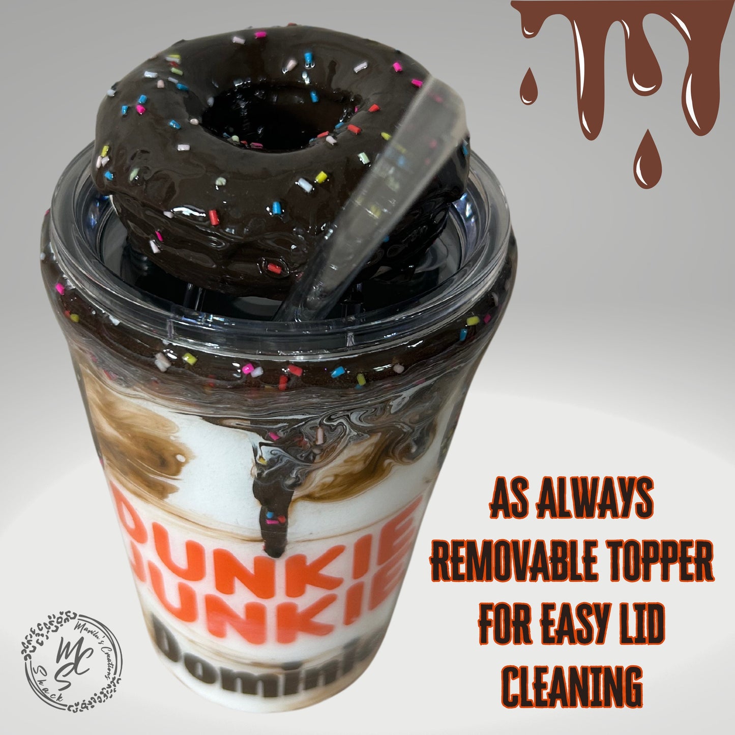 Dunkie Junkie Tumbler, 3d donut tumbler with chocolate dripping removable topper and sprinkles. Chocolate Dunkie Junkie.