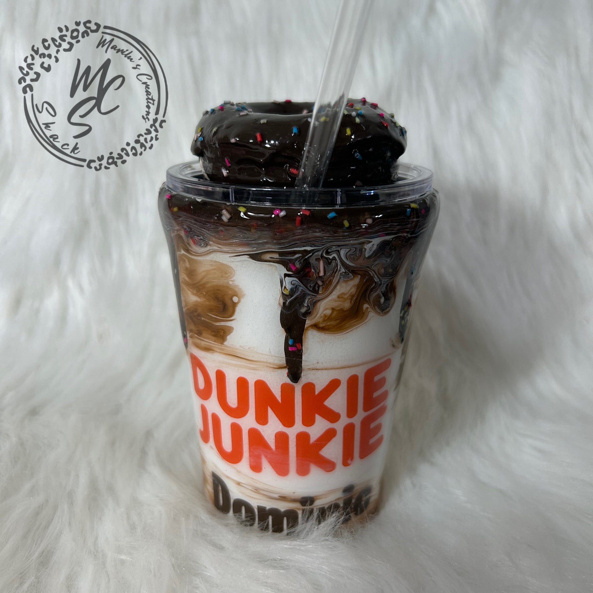 Dunkie Junkie Tumbler, 3d donut tumbler with chocolate dripping removable topper and sprinkles. Chocolate Dunkie Junkie.