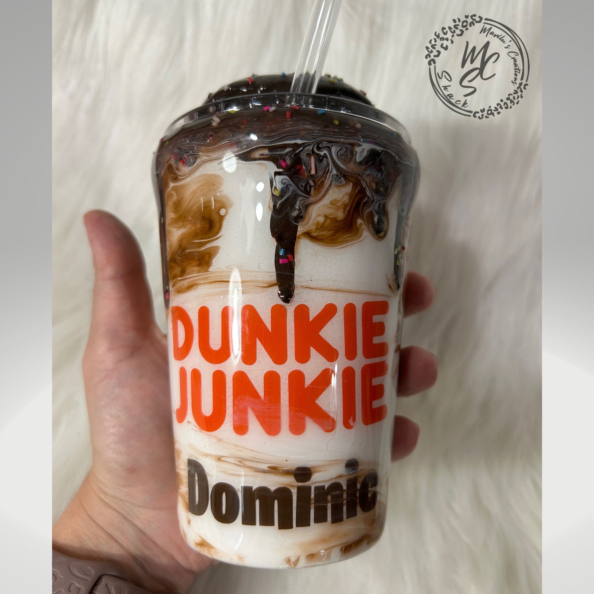 Dunkie Junkie Tumbler, 3d donut tumbler with chocolate dripping removable topper and sprinkles. Chocolate Dunkie Junkie.