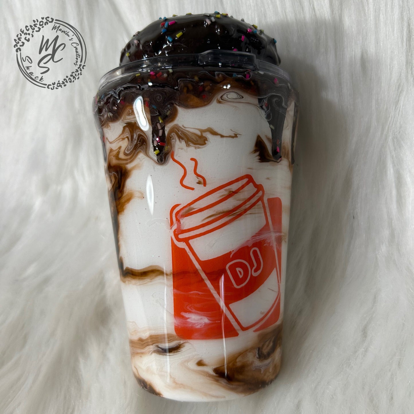 Dunkie Junkie Tumbler, 3d donut tumbler with chocolate dripping removable topper and sprinkles. Chocolate Dunkie Junkie.