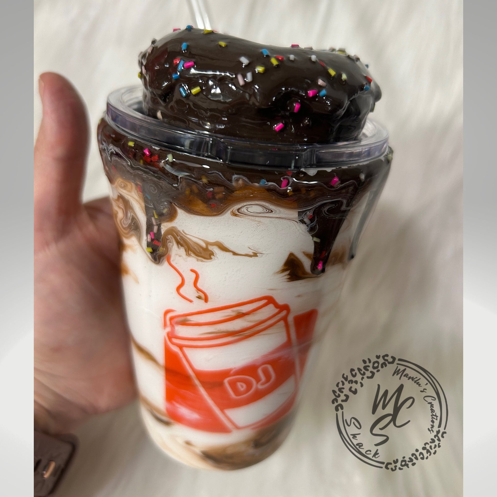 Dunkie Junkie Tumbler, 3d donut tumbler with chocolate dripping removable topper and sprinkles. Chocolate Dunkie Junkie.