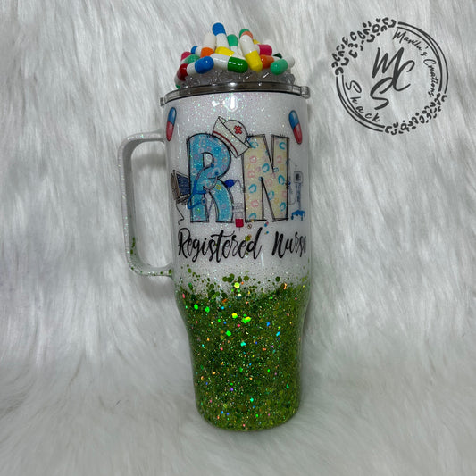 Registered Nurse tumbler with 3D fake pills removable topper, white and green glitter. Bottom glitter color can be changed.