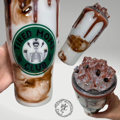 Iced Coffee tumbler with 3d ice and coffee beans removable topper, gift for ice coffee lovers, hot/cold beverages, 3d drizzle and dripping.