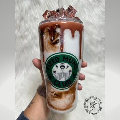 Iced Coffee tumbler with 3d ice and coffee beans removable topper, gift for ice coffee lovers, hot/cold beverages, 3d drizzle and dripping.