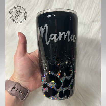 Leopard Print Tumbler: Black & Silver Glitter, Personalized Cup