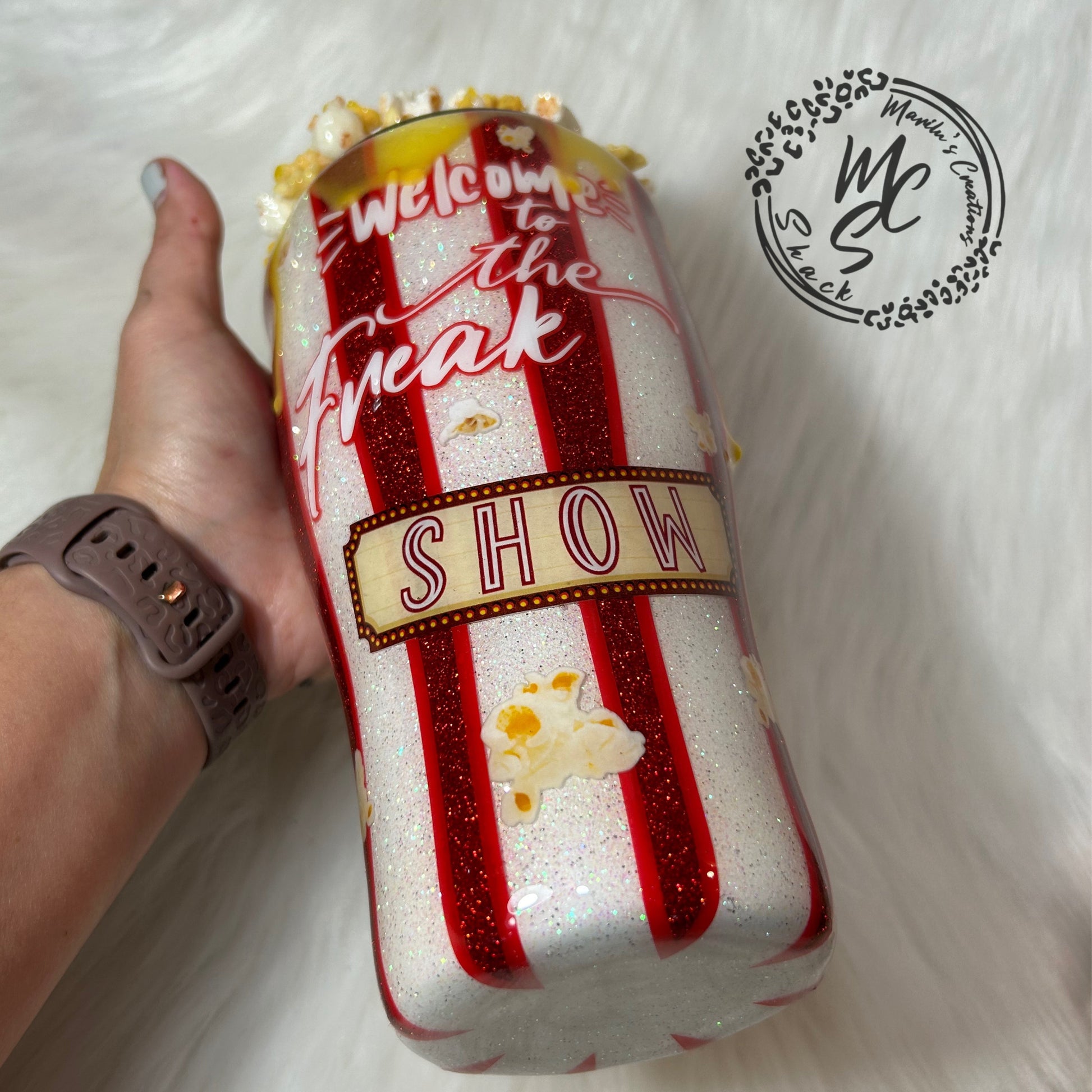 Popcorn Tumbler with 3D removable topper with realistic kernels and 3d butter dripping, welcome to the freak show cup, red and white glitter