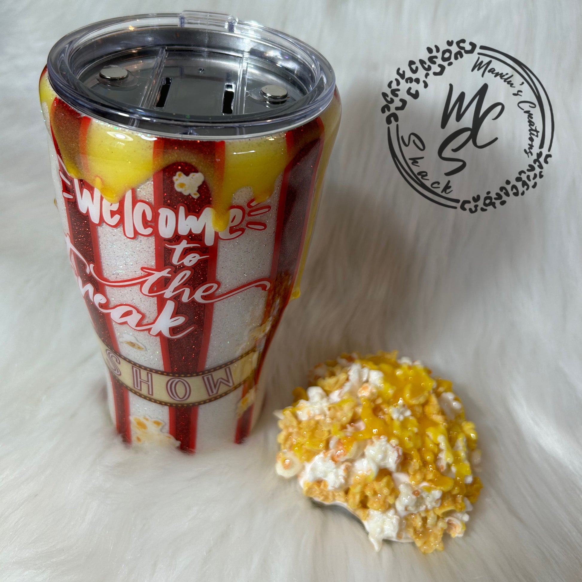 Popcorn Tumbler with 3D removable topper with realistic kernels and 3d butter dripping, welcome to the freak show cup, red and white glitter