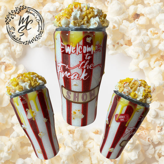 Popcorn Tumbler with 3D removable topper with realistic kernels and 3d butter dripping, welcome to the freak show cup, red and white glitter
