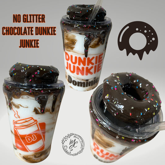 Dunkie Junkie Tumbler, 3d donut tumbler with chocolate dripping removable topper and sprinkles. Chocolate Dunkie Junkie.