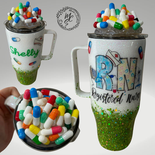 Registered Nurse tumbler with 3D fake pills removable topper, white and green glitter. Bottom glitter color can be changed.