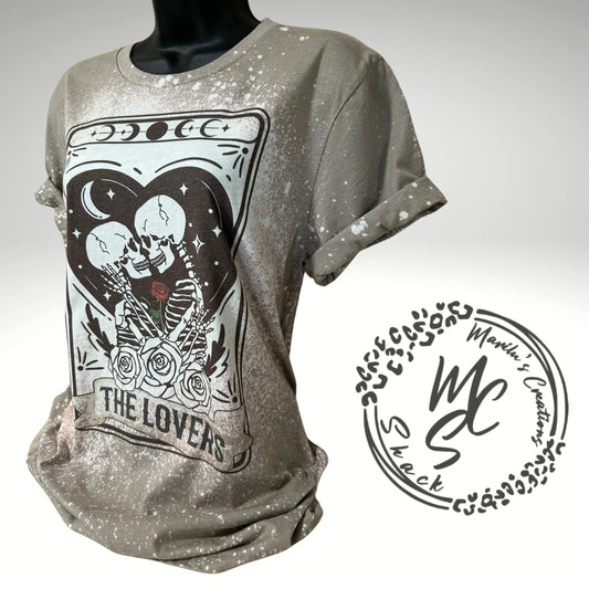 Tarot the lovers t-shirt, retro distressed skeleton lovers shirt, bleached tarot card tee, super soft top, gift for her or him.