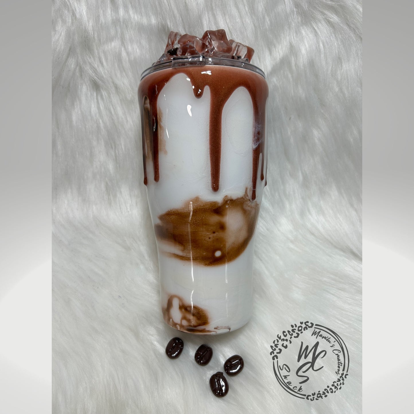 Iced Coffee tumbler with 3d ice and coffee beans removable topper, gift for ice coffee lovers, hot/cold beverages, 3d drizzle and dripping.