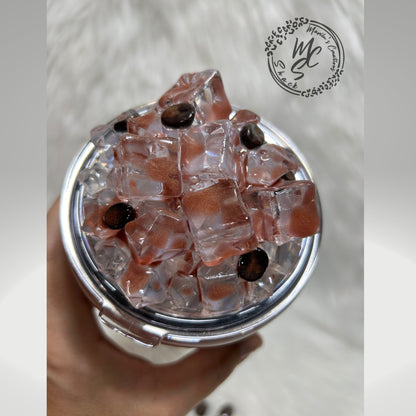 Iced Coffee tumbler with 3d ice and coffee beans removable topper, gift for ice coffee lovers, hot/cold beverages, 3d drizzle and dripping.