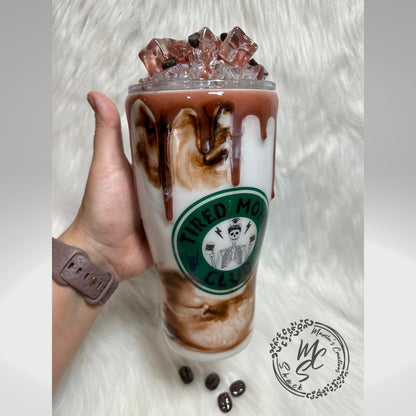 Iced Coffee tumbler with 3d ice and coffee beans removable topper, gift for ice coffee lovers, hot/cold beverages, 3d drizzle and dripping.