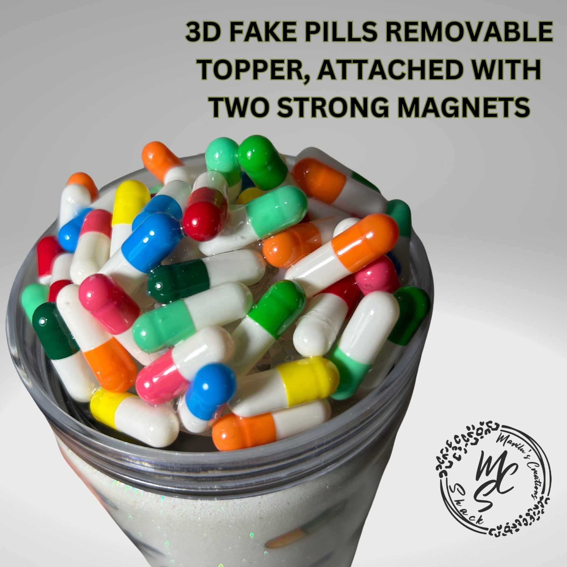 3D Pills Tumbler Topper: Removable Fake Pills Lid