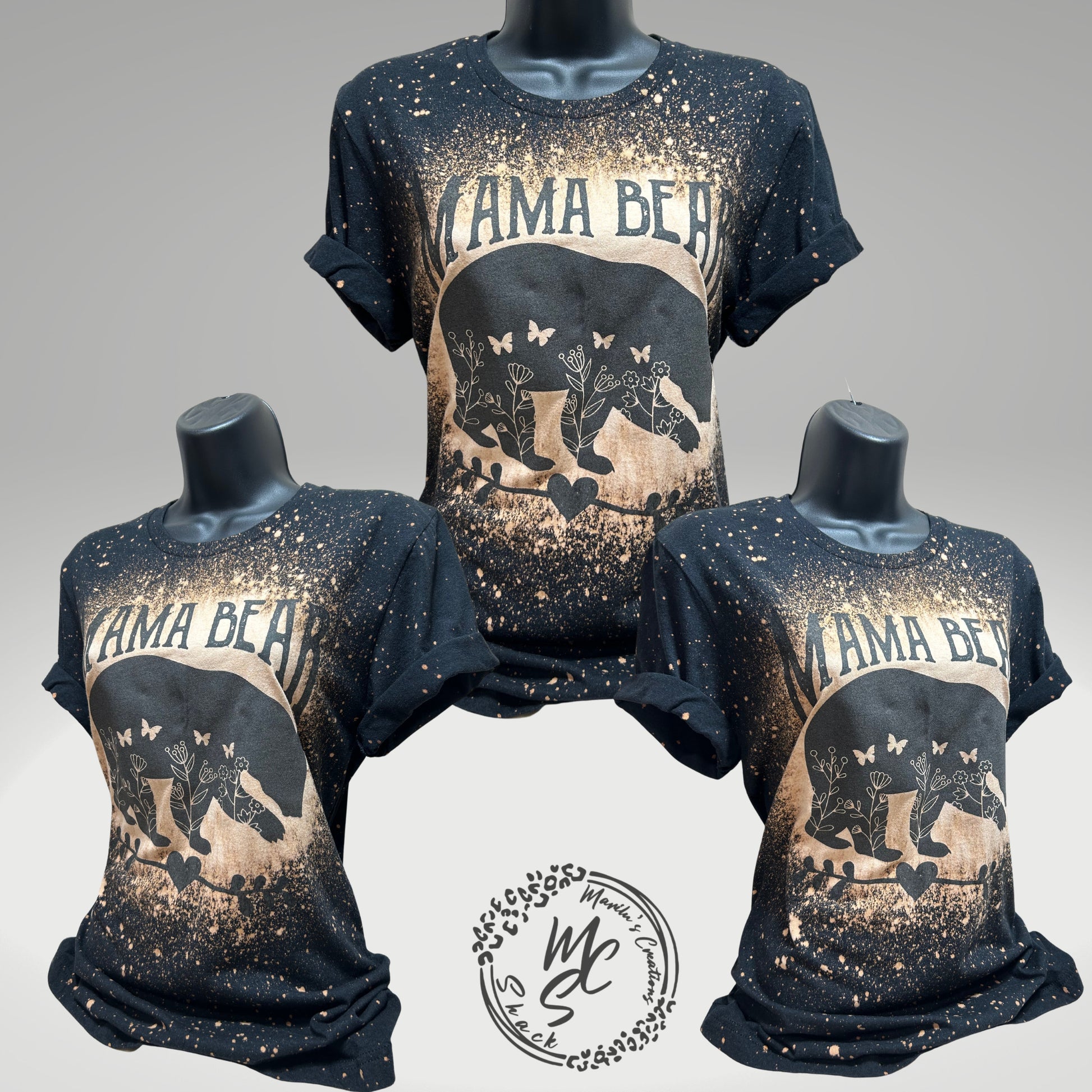 Mama Bear t-shirt, retro distressed Bear with butterflies and flowers lovers shirt, bleached black tee, super soft top, gift for her.