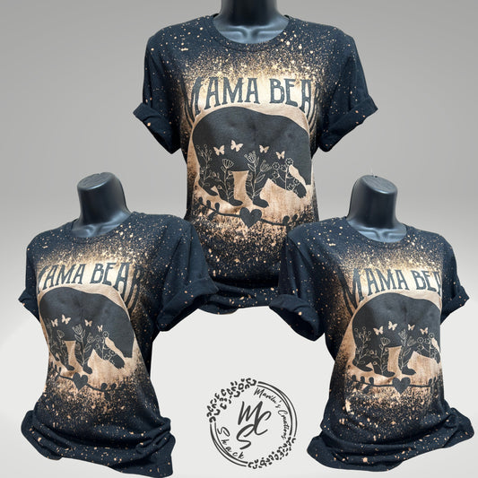 Mama Bear t-shirt, retro distressed Bear with butterflies and flowers lovers shirt, bleached black tee, super soft top, gift for her.