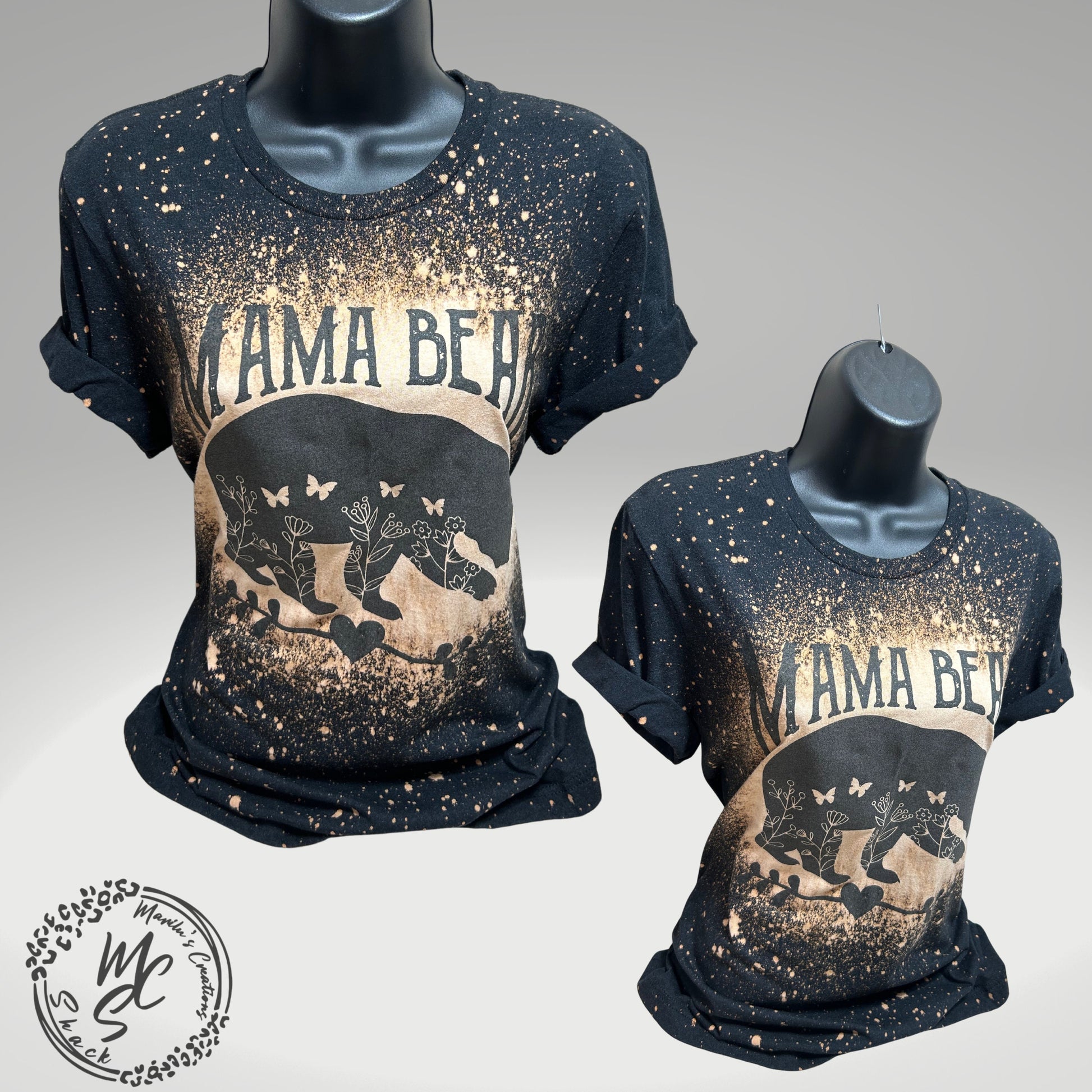 Mama Bear t-shirt, retro distressed Bear with butterflies and flowers lovers shirt, bleached black tee, super soft top, gift for her.
