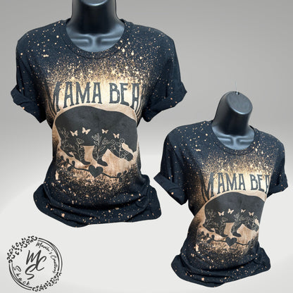 Mama Bear t-shirt, retro distressed Bear with butterflies and flowers lovers shirt, bleached black tee, super soft top, gift for her.