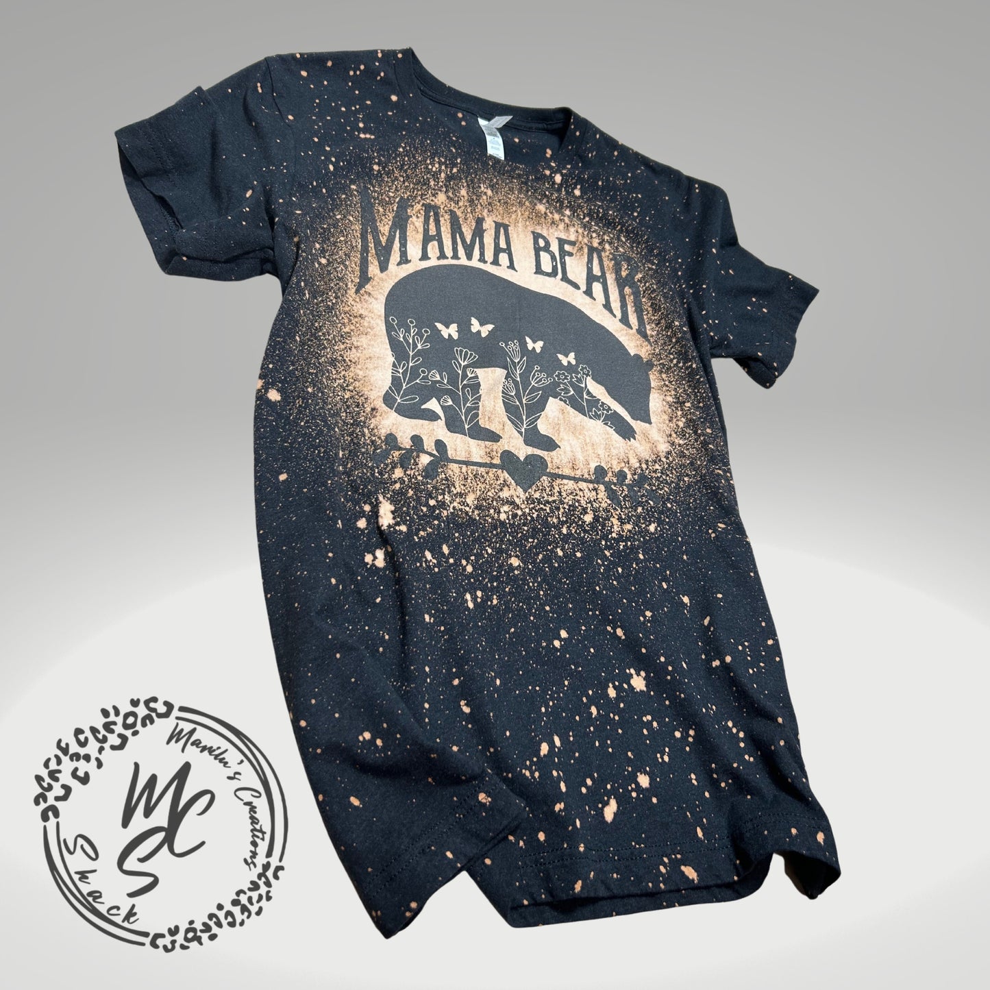 Mama Bear t-shirt, retro distressed Bear with butterflies and flowers lovers shirt, bleached black tee, super soft top, gift for her.