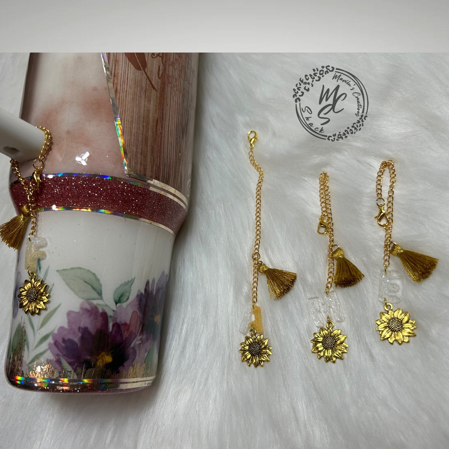 Personalized Sunflower Tumbler Charm: Tassel & Initial Cup Accessory