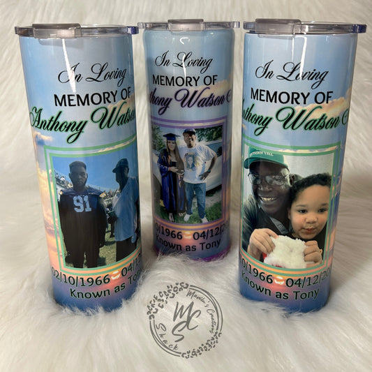 Memorial Tumbler Personalized, 20oz Straight Skinny tumbler with picture, Remembrance Tumbler cup with glitter or no glitter choose color.