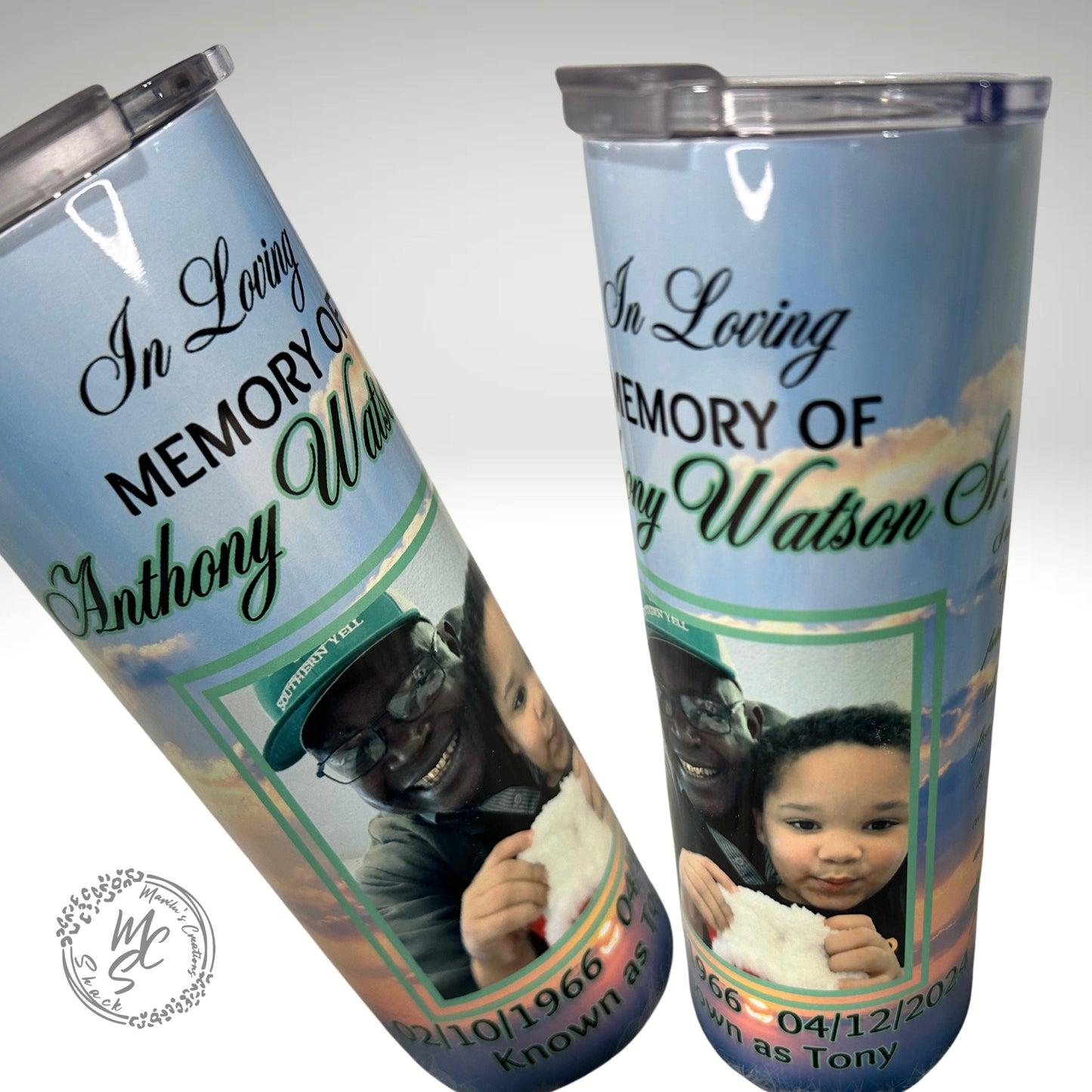 Memorial Tumbler Personalized, 20oz Straight Skinny tumbler with picture, Remembrance Tumbler cup with glitter or no glitter choose color.